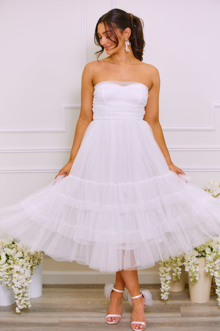 When in White Tulle Strapless Midi Dress Wight Elephant Boutique When in White Tulle Strapless Midi Dress Wight Elephant Boutique