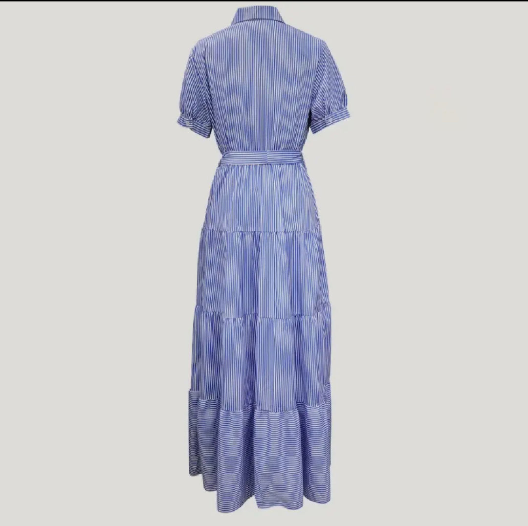 Classic Striped Print Collared Neck Tiered Maxi Dress-Blue/White – Wight  Elephant Boutique