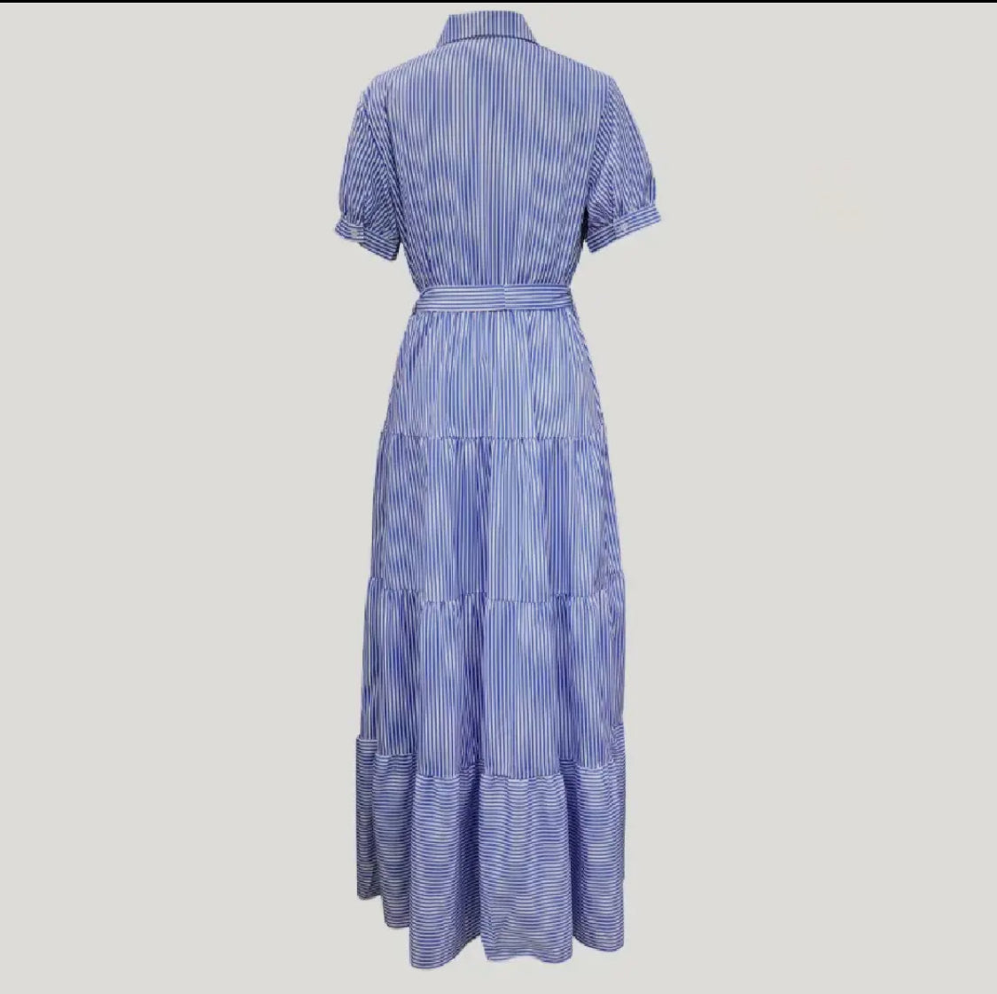 Classic Striped Print Collared Neck Tiered Maxi Dress-Blue/White Wight Elephant Boutique Classic Striped Print Collared Neck Tiered Maxi Dress-Blue/White Wight Elephant Boutique